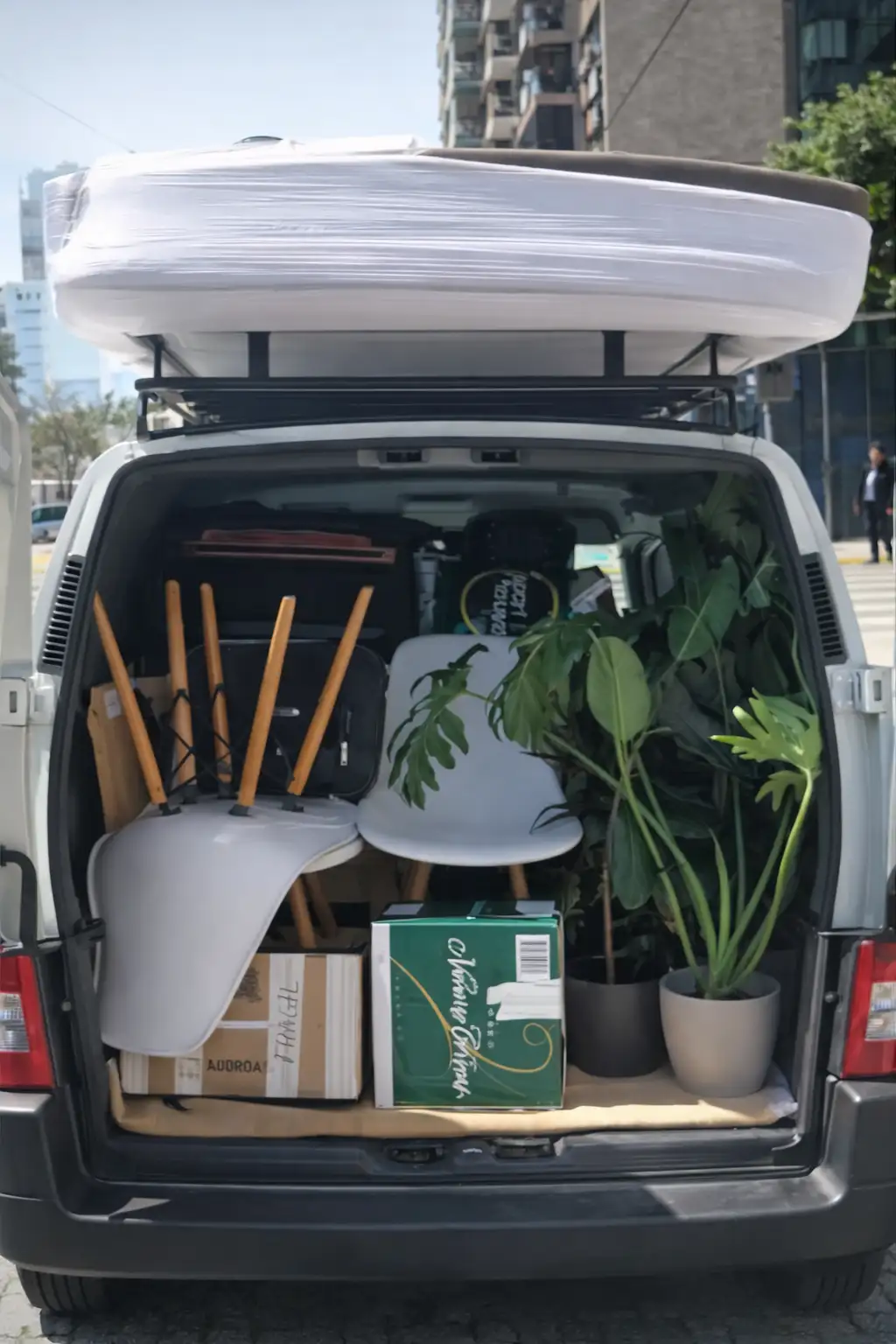 Mini flete con muebles, plantas y cajas en Buenos Aires